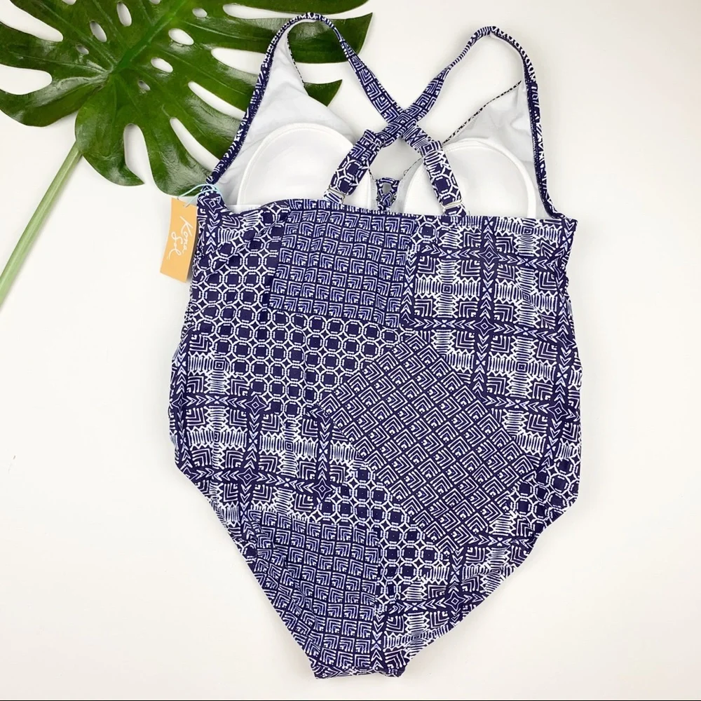 New Kona Sol Navy Geometric Swimsuit 26W - Picture 4 of 8